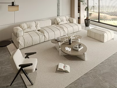 Modern Beige Sofa and Coffee Table Set with Ottoman in Bright Living Room 3d model