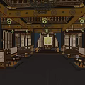 Traditional Chinese Reception Hall Interior With Intricate Wooden Structures Ornate Chandelier And Patterned Carpet