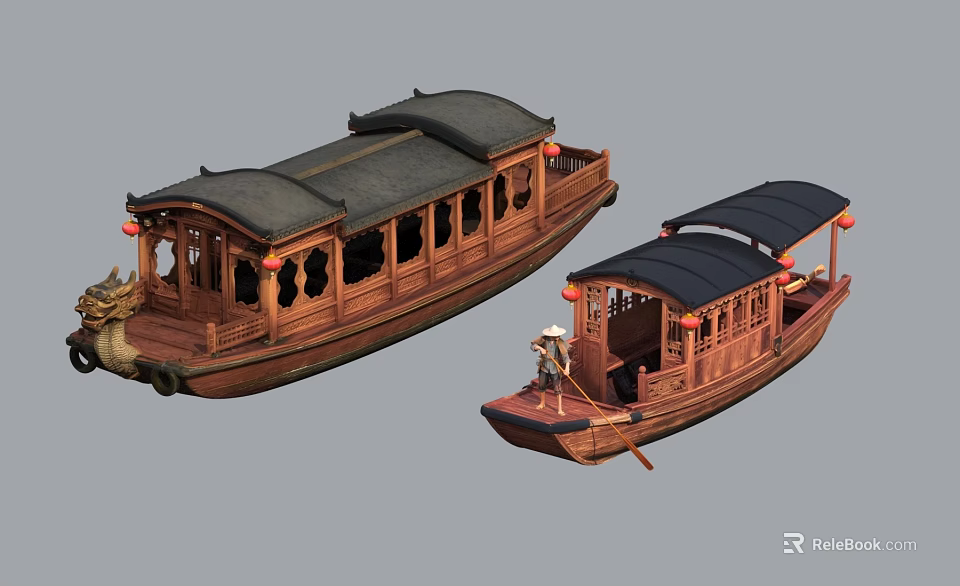 Traditional Wooden Boats with Black Roofs Red Lanterns and Rowing Figure 3d model 