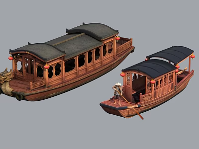 Traditional Wooden Boats with Black Roofs Red Lanterns and Rowing Figure 3d model
