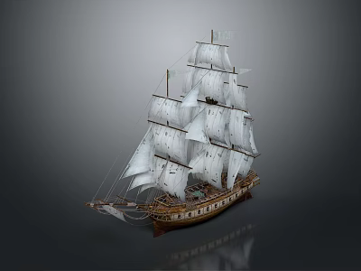 Detailed Wooden Sailing Ship Model With White Sails And Multiple Masts 3d model