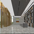 Modern Lounge Area Featuring Large Windows Golden Frames Dark Wooden Ceiling And Marble Flooring
