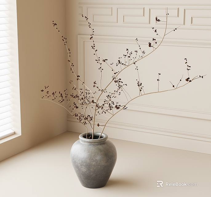 Gray Ceramic Vase With Slender Branches And Small Dark Blooms In Light Colored Room Corner 3d model 