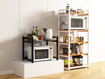 Multi tiered Bathroom Cabinet Rack With Microwave Spice Bottles And Cooking Pots 3d model