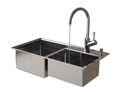 Stainless Steel Double Bowl Kitchen Sink With Faucet And Water Flowing 3d model