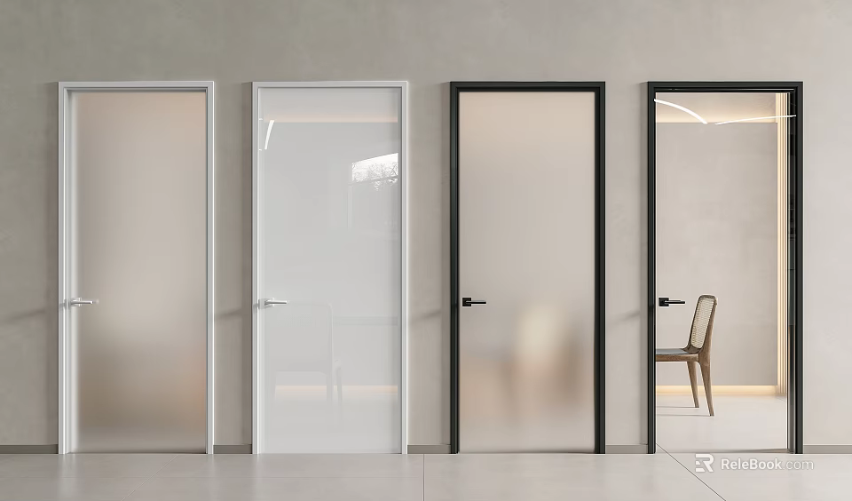Modern Interior Doors With Frosted Glass White Black Frames Grey Wall And Light Floor 3d model 
