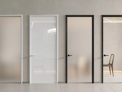Modern Interior Doors With Frosted Glass White Black Frames Grey Wall And Light Floor 3d model