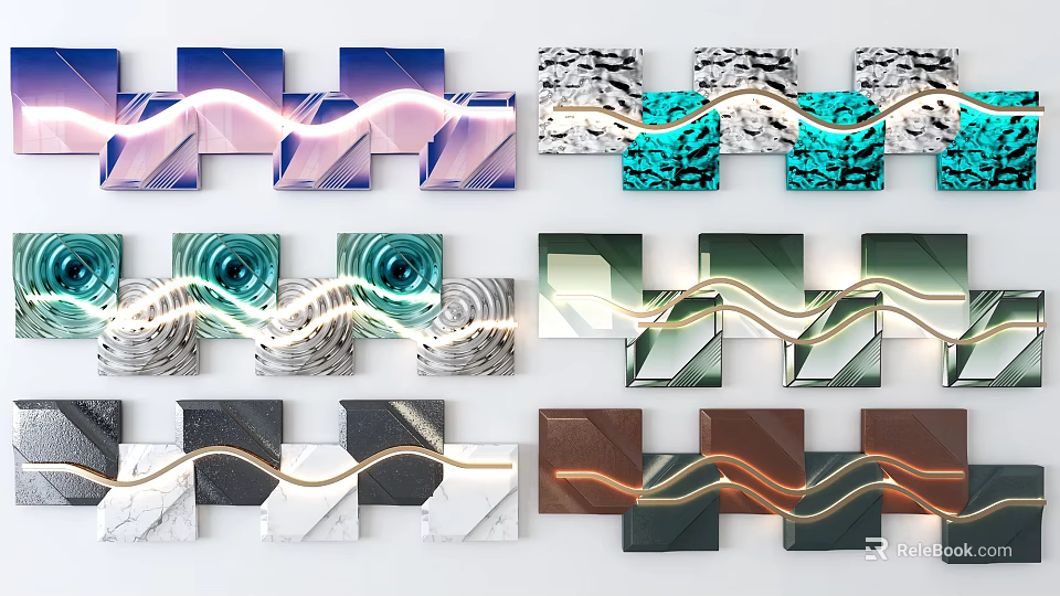 Modern Wall Decor With Geometric Shapes Illuminated Curved Lines And Colorful Panels 3d model 