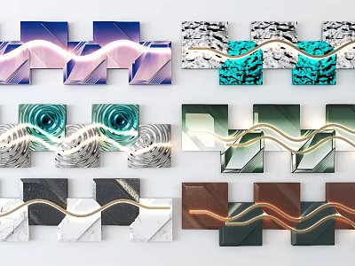 Modern Wall Decor With Geometric Shapes Illuminated Curved Lines And Colorful Panels 3d model