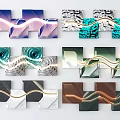 Modern Wall Decor With Geometric Shapes Illuminated Curved Lines And Colorful Panels