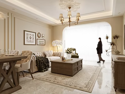 Elegant Light Luxury Living And Dining Room With Comfortable Furnishings And Delicate Home Decor 3d model
