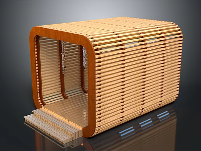 Wooden Architectural Pavilion Structure with Horizontal Slats Open Entrance and Steps 3d model