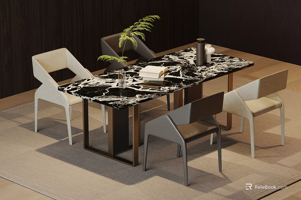 Modern Dining Table Set With Marble Top And Neutral Colored Chairs 3d model