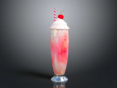 Colorful Layered Milkshake In Tall Glass Topped With Whipped Cream Cherry And Striped Straw 3d model