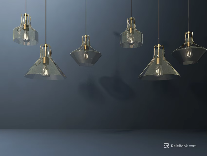 Modern Geometric Pendant Lights With Transparent Glass And Metallic Accents Hanging In Dark Background 3d model 