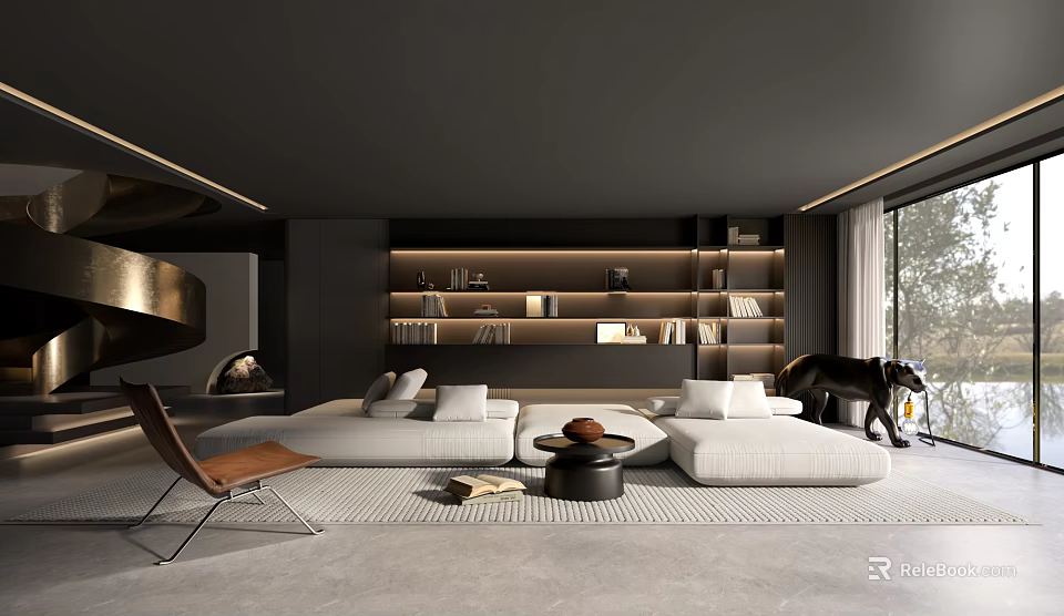 Modern Living Room With White Sofas Dark Shelves And Large Windows 3d model