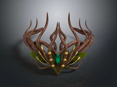 Elaborate Antler Shaped Crown Brown With Green Leaves Gold Beads And Green Gemstone 3d model