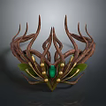 Elaborate Antler Shaped Crown Brown With Green Leaves Gold Beads And Green Gemstone