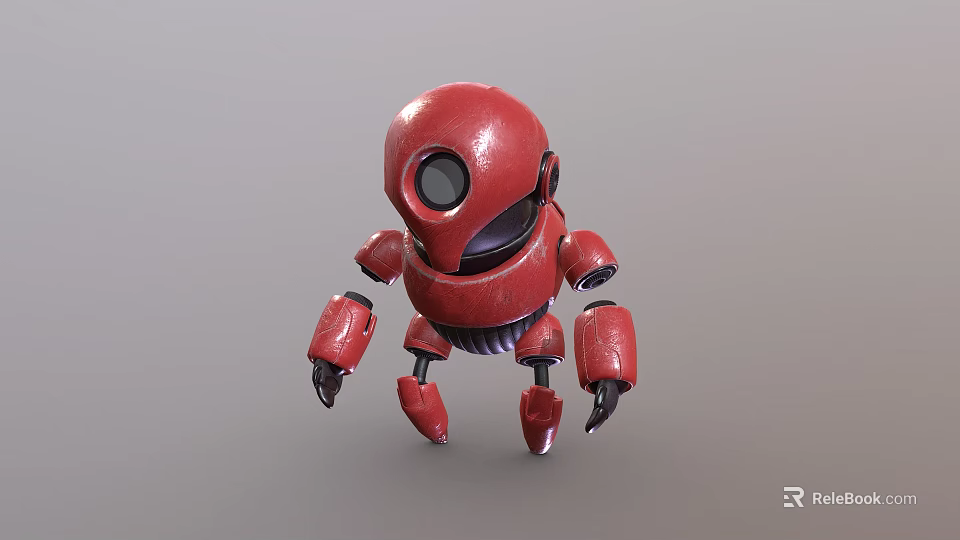 Red Robot 3D Character Design With Round Head Single Eye And Mechanical Limbs 3d model