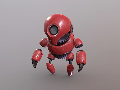 Red Robot 3D Character Design With Round Head Single Eye And Mechanical Limbs 3d model