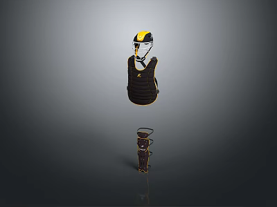 Black And Yellow Weapon Gear Including Helmet Protective Gear And Leg Guards On Gray Background 3d model
