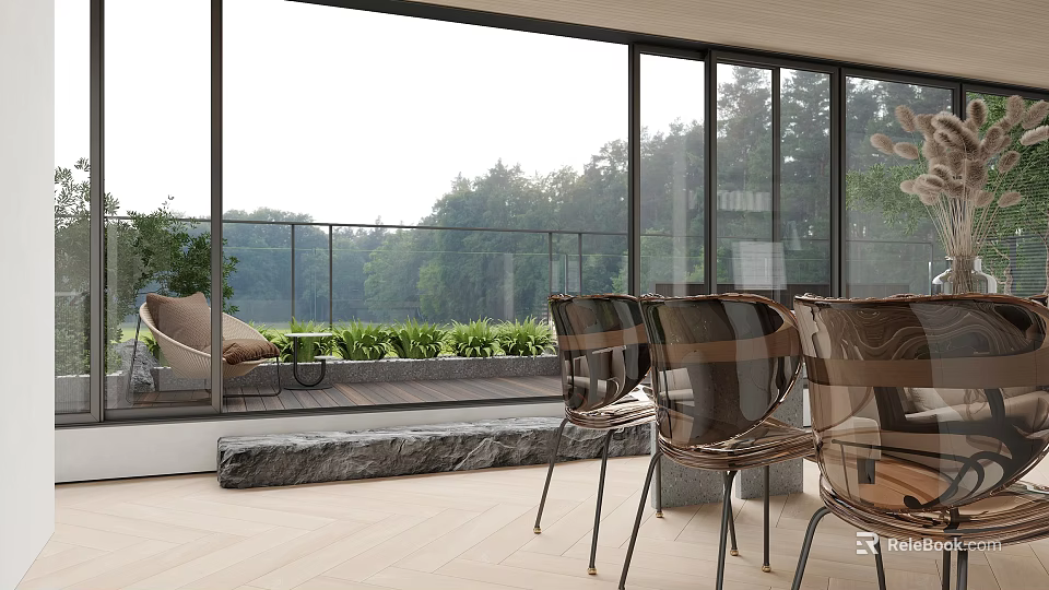 Modern Bright Open Living And Dining Space With Large Floor Glass Windows Overlooking Lush Scenery 3d model 
