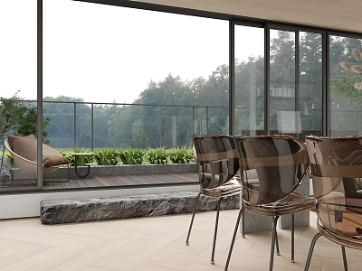 Modern Bright Open Living And Dining Space With Large Floor Glass Windows Overlooking Lush Scenery 3d model