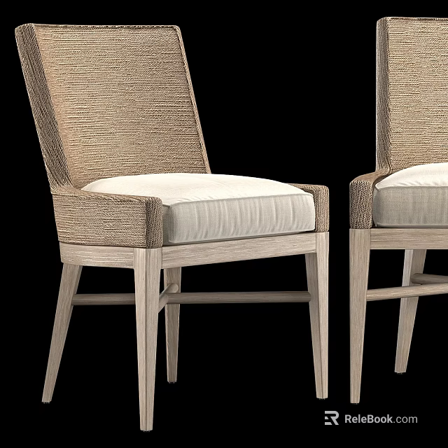 Modern Single Chair With Woven Backrest White Cushion And Wooden Legs 3d model 