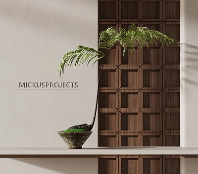 Green Leaf Bonsai Plant in Ceramic Pot on Table with Wooden Lattice Wall 3d model