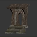 Ancient Wooden Architectural Structure With Steps Arched Door And Sloped Roof
