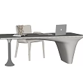 Modern Minimalist Desk With Curved Legs Glass Top Laptop Bear Phone And Books