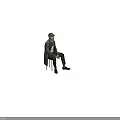 Man sitting on chair wearing hat jacket white shirt dark pants shoes against light background