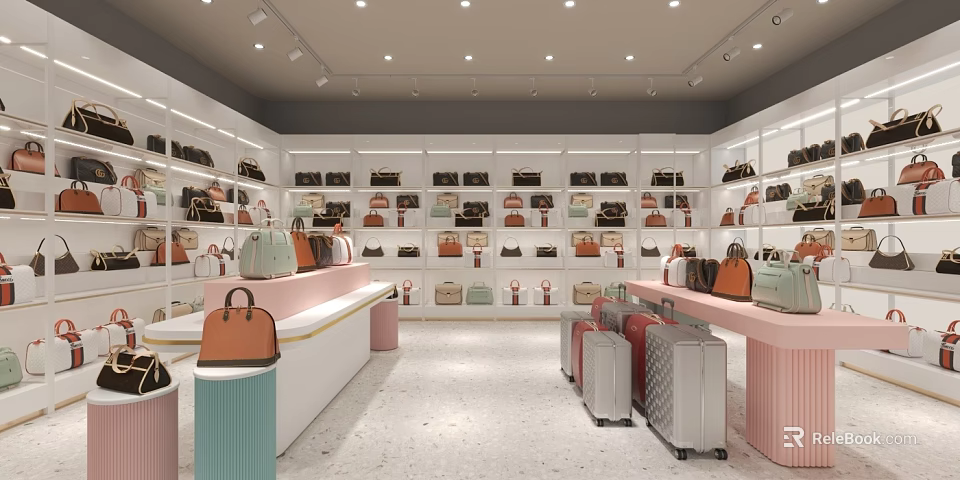 Elegant Mall Store With Various Bags Displayed On Shelves And Stylish Suitcases 3d model 