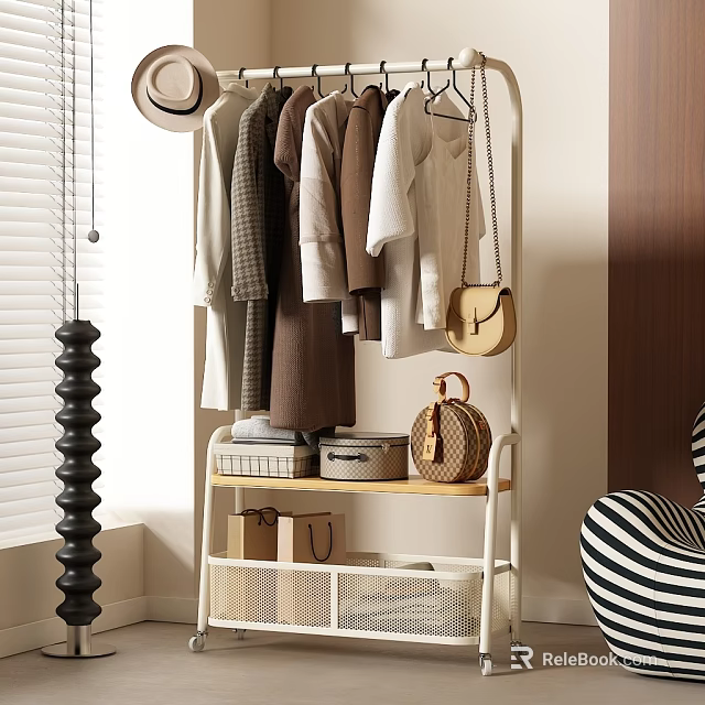 Stylish Clothes Hanging On Clothing Rack With Storage Boxes Bags Striped Chair And Wooden Wall 3d model 