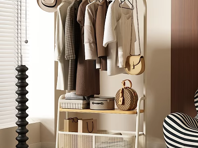 Stylish Clothes Hanging On Clothing Rack With Storage Boxes Bags Striped Chair And Wooden Wall 3d model
