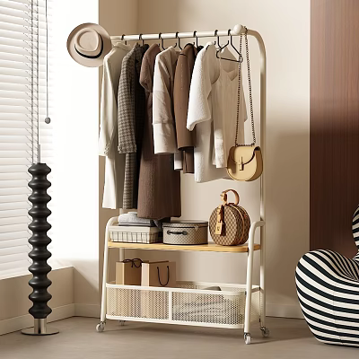 Stylish Clothes Hanging On Clothing Rack With Storage Boxes Bags Striped Chair And Wooden Wall 3d model