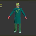 Doctor Standing In Green Surgical Gown Cap With Blue Gloves And Stethoscope On Gray Background