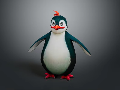Cute Cartoon Style Penguin With Red Crest Black White Body And Red Feet 3d model