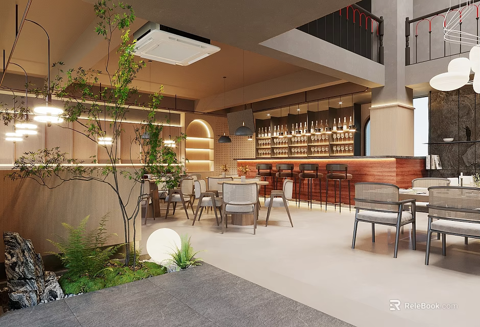 Modern Restaurant Interior With Bar Counter Wine Bottles Green Plants And Dining Tables 3d model 
