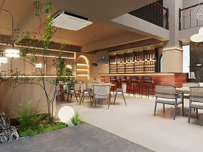Modern Restaurant Interior With Bar Counter Wine Bottles Green Plants And Dining Tables 3d model