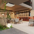 Modern Restaurant Interior With Bar Counter Wine Bottles Green Plants And Dining Tables