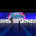Neon Lit Corridor With Glowing Line Frames Colorful Walls And People Walking