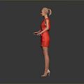 Woman In Red Dress Standing With Arms Outstretched Against Gray Background In High Heels