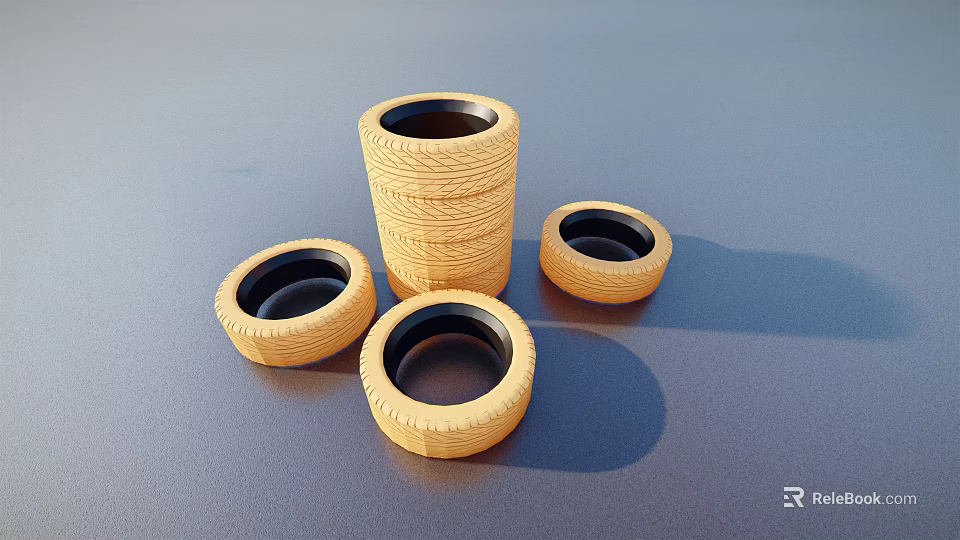 Stacked and Single Yellow Tires Arranged on Flat Gray Surface 3d model