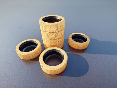 Stacked and Single Yellow Tires Arranged on Flat Gray Surface 3d model