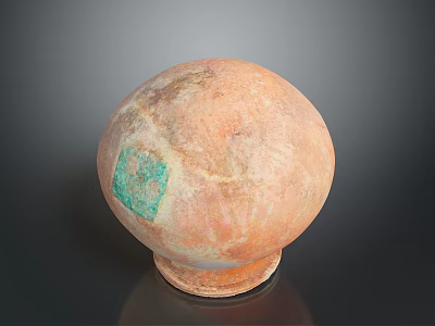 Orange Red Spherical Sculpture with Textured Surface and Green Patch on Black Background 3d model