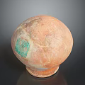 Orange Red Spherical Sculpture with Textured Surface and Green Patch on Black Background 3d model