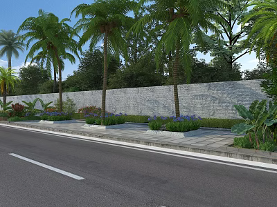 Roadside Tree Planters With Palm Trees Behind Stone Wall And Colorful Flowers Green Plants 3d model