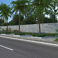 Roadside Tree Planters With Palm Trees Behind Stone Wall And Colorful Flowers Green Plants