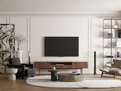 Modern Living Room Interior With TV Stand Round Rug Wooden Chair And Artwork 3d model